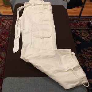 White Pants Satin belt, draw string hems 6 pocket